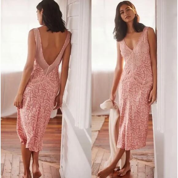 Anthropologie Cerise Pink Floral V Neck Maxi Lace Slip Dress M Medium - Picture 1 of 10